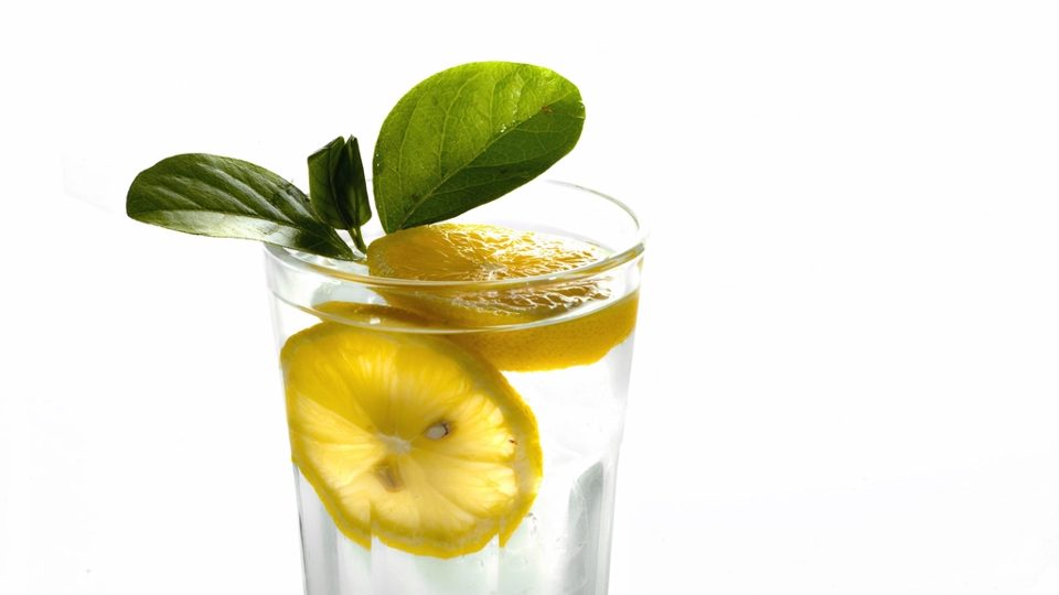 Verre d'eau fraîche au citron et feuilles vertes